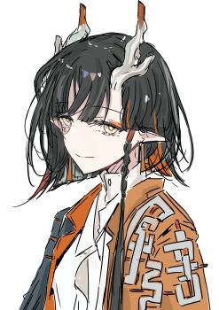 Rule 34 | 1girl, absurdres, arknights, black hair, closed mouth, colored inner hair, commentary request, dragon girl, dragon horns, highres, horns, jie (arknights), ken (shutenndouji1), multicolored hair, orange hair, pointy ears, shirt, short hair, smile, solo, two-tone hair, upper body, white background, yellow eyes