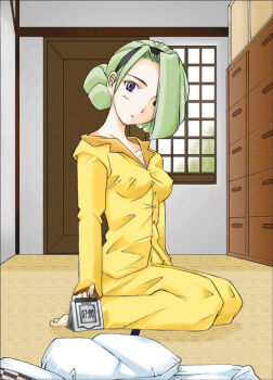 1girl breasts clock covered_erect_nipples d_(dual!_parallel_trouble_adventure) dual!_parallel_trouble_adventure female_focus green_hair hairband kneeling medium_breasts nipples pajamas purple_eyes solo