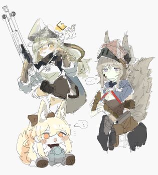 Rule 34 | !, ..., 3girls, animal ears, arknights, armor, ashlock (arknights), black bow, blemishine (arknights), blonde hair, blush, blush stickers, bow, breastplate, breasts, brown gloves, brown hair, chibi, cleavage, commentary, extra ears, fartooth (arknights), gauntlets, gloves, grey background, grey hair, gun, hair bow, helmet, highres, holding, holding weapon, horse ears, horse girl, horse tail, long hair, multiple girls, odmised, open mouth, orange eyes, plate armor, ponytail, purple eyes, rifle, sidelocks, simple background, sketch, smile, sniper rifle, speech bubble, spoken ellipsis, spoken exclamation mark, squirrel girl, squirrel tail, tail, visor (armor), weapon, white background, yellow eyes