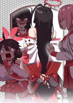 3girls absurdres antenna_hair bare_shoulders black_hair black_pantyhose blue_archive closed_eyes crazy crazy_eyes crying detached_sleeves gamjasssak gun hair_between_eyes highres holding holding_gun holding_weapon kaede_(blue_archive) lever_action long_hair medium_hair mimori_(blue_archive) multiple_girls nervous_sweating open_mouth pantyhose pink_hair red_sailor_collar red_skirt running sailor_collar screaming shaded_face sharp_teeth shirt shotgun sidelocks skirt sweat sweatdrop tears teeth thighhighs tsurugi_(blue_archive) weapon white_shirt white_thighhighs wide_sleeves