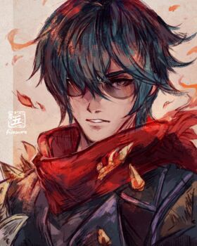 1boy artist_name commentary english_commentary fiveonthe green_hair highres lighter_(zenless_zone_zero) looking_at_viewer male_focus parted_lips portrait red_scarf scarf short_hair shoulder_spikes solo spikes straight-on sunglasses teeth zenless_zone_zero