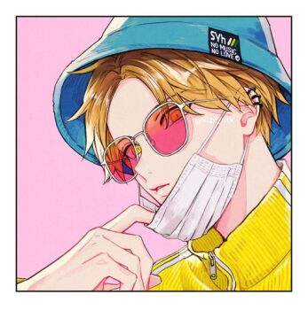 1boy blonde_hair border commentary_request ear_piercing given hat jacket kashima_hiiragi_(given) kizu_natsuki looking_at_viewer male_focus mask mask_pull mouth_mask parted_lips piercing pink-tinted_eyewear pink_background red-tinted_eyewear short_hair simple_background solo sunglasses surgical_mask tinted_eyewear white_border yellow_eyes yellow_jacket