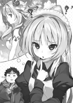 1boy 2girls ? apron ascot breasts buta_koushaku charlotte_lily_hughjack closed_mouth cloud collared_shirt crossed_arms dress elbow_gloves fat fat_man flower from_side gloves hair_flower hair_ornament hand_on_own_cheek hand_on_own_face hooded_robe index_finger_raised jitome juliet_sleeves karina_little_daris large_breasts long_hair long_sleeves looking_at_viewer maid maid_apron maid_headdress medium_breasts motion_lines multiple_girls nauribon novel_illustration official_art open_hand open_mouth profile puffy_long_sleeves puffy_sleeves raised_inner_eyebrows robe school_uniform shirt sky slow_denning standing sweat third-party_source upper_body very_long_hair