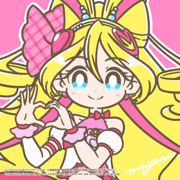 1girl arm_warmers artist_name bare_shoulders blonde_hair blue_eyes bow bow-shaped_hair bridal_gauntlets bright_pupils brooch closed_mouth collarbone commentary crop_top cure_idol detached_sleeves double-parted_bangs drill_hair earrings hair_between_eyes hair_bun hair_ornament hair_ribbon hairband hands_up heart heart_earrings heart_hair_bun heart_hair_ornament heart_hands highres idol idol_heart_brooch_(precure) impossible_hair jewelry kimi_to_idol_precure long_hair looking_at_viewer magical_girl mayena midriff no_nose outline pink_background pink_bow pink_bridal_gauntlets pink_ribbon pink_theme pink_wrist_cuffs plaid_bow precure puffy_detached_sleeves puffy_sleeves ribbon sakura_uta_(precure) signature single_arm_warmer sleeveless smile solo split_mouth twin_drills upper_body white_arm_warmers white_hairband white_outline white_pupils wrist_cuffs