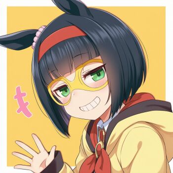 +++ 1girl animal_ears black_hair blush bob_cut border brown_jacket collared_shirt commentary_request eye_mask green_eyes grey_border grin hairband hasirupan2 hood hood_down hooded_jacket horse_ears jacket long_sleeves looking_at_viewer mask mini_the_lady_(umamusume) puffy_long_sleeves puffy_sleeves red_hairband shirt short_hair sleeves_past_wrists smile solo umamusume upper_body white_shirt yellow_background