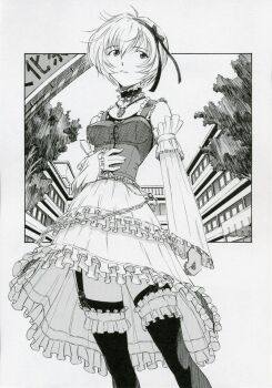 ayanami_rei chain choker corset cross cross_necklace detached_sleeves dress frilled_dress frilled_thigh_strap frills garter_straps hair_ribbon highres jewelry kura_oh necklace neon_genesis_evangelion ribbon short_hair thigh_strap thighs tree