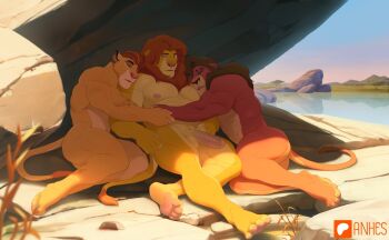 3boys anhesart animal_ears artist_name bara closed_eyes closed_mouth commentary completely_nude english_commentary fangs flaccid furry furry_male hug kion_(the_lion_guard) kovu_(the_lion_king) lake lion_boy lion_ears lion_mane lion_tail male_focus multiple_boys navel nipples nude on_floor open_mouth patreon_logo pawpads penis rock simba sleeping tail testicles the_lion_guard the_lion_king the_lion_king_2:simba&#039;s_pride whiskers