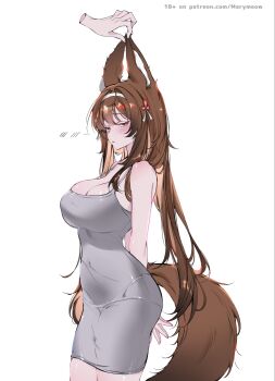 1girl 1other alternate_costume animal_ear_fluff animal_ears arms_behind_back bare_shoulders breasts brown_tail can cleavage closed_mouth clover clover_hair_ornament commentary covered_navel cowboy_shot disembodied_hand dress english_commentary grabbing_another's_ear grey_dress hair_ornament hairband half-closed_eyes hand_on_another's_ear highres large_breasts looking_at_viewer maria_(marymeow) paid_reward_available red_eyes simple_background tail white_background white_hairband ye_shunguang zenless_zone_zero