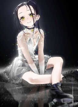 1girl black_hair blush breasts choker closed_mouth collarbone commentary dress flat_chest forehead high_ponytail highres ice kamisaki_hikaru looking_at_viewer medalist_(manga) o0hiruko0o ponytail reflection sitting skates smile solo white_dress yellow_eyes