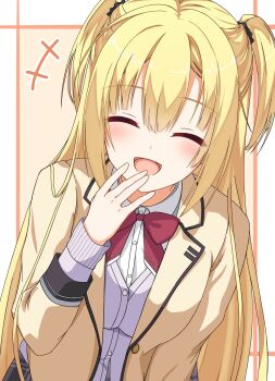 +++ 1230_mochi 1girl :d ^_^ arihara_nanami blonde_hair blush border bow bowtie breasts cardigan closed_eyes collared_shirt commentary_request cowboy_shot dutch_angle facing_viewer hair_between_eyes hair_over_shoulder hand_up happy highres jacket kikka_academy_school_uniform large_breasts laughing long_hair long_sleeves open_clothes open_jacket open_mouth orange_background outside_border purple_cardigan red_bow red_bowtie riddle_joker school_uniform shirt sidelocks simple_background sleeves_past_wrists smile solo straight_hair two_side_up very_long_hair white_border white_shirt yellow_jacket