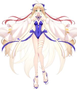 1girl ahoge aimii_mii artoria_caster_(fate) artoria_caster_(swimsuit)_(fate) artoria_caster_(swimsuit)_(third_ascension)_(fate) artoria_caster_(swimsuit_berserker)_(third_ascension)_(fate) artoria_pendragon_(fate) bare_shoulders blonde_hair blue_bow blue_one-piece_swimsuit blue_ribbon blush bow breasts casual_one-piece_swimsuit cleavage detached_sleeves diamond_(shape) double_blade facial_mark fate/grand_order fate_(series) forehead_mark green_eyes hair_bow highleg highleg_one-piece_swimsuit highres long_hair looking_at_viewer one-piece_swimsuit ornament platform_footwear platform_heels ribbon side-tie_swimsuit sitting_on_water smile solo swimsuit twintails very_long_hair