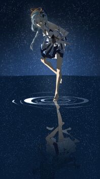 1girl absurdres barefoot blue_hair breasts commentary crescent crescent_earrings dress earrings english_commentary feet flower griseo griseo_(cosmic_expression) hair_flower hair_ornament highres honkai_(series) honkai_impact_3rd htt_(user_phhn3327) jewelry long_hair medium_breasts night purple_eyes reflection reflective_liquid sky solo standing standing_on_liquid star_(sky) starry_sky very_long_hair white_dress