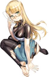 Rule 34 | 1girl, ass, barefoot, blonde hair, breasts, cleavage, cocktail glass, cup, dress, drinking glass, full body, glasses, green eyes, holding, holding cup, kantai collection, large breasts, long hair, looking back, northampton (kancolle), official art, panties, semi-rimless eyewear, solo, thighhighs, underwear, white dress, zeco