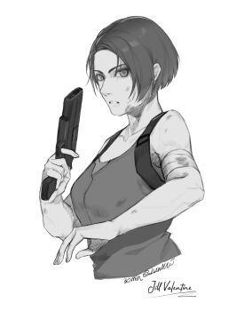 Rule 34 | 1girl, bandaged arm, bandages, bare shoulders, blood, breasts, bruise, character name, collarbone, finger on trigger, gun, handgun, highres, holding, holding gun, holding weapon, injury, jill valentine, kurumi031212, looking at viewer, medium breasts, parted bangs, parted lips, resident evil, resident evil 6, short hair, simple background, solo, vest, weapon