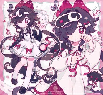 1girl :< :3 apron black_bow black_bowtie black_shirt black_shoes bow bowtie brown_hair closed_mouth commentary dot_nose fanqiealxe full_body hair_intakes hair_over_one_eye hand_up highres juliet_sleeves long_hair long_sleeves looking_at_viewer low_twintails multiple_views neck_ribbon original puffy_sleeves red_eyes red_ribbon red_skirt ribbon shirt shoes skirt socks standing star-shaped_pupils star_(symbol) symbol-only_commentary symbol-shaped_pupils twintails watermark white_apron white_shirt white_skirt white_socks