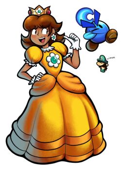 1boy 1girl alternate_skin_color axelorca brown_hair commentary crown dark-skinned_female dark_skin dress earrings english_commentary flower_earrings gloves highres jewelry long_dress luigi lunaris_(mario_&amp;_luigi:_stellar_bonds) mario_&amp;_luigi:_stellar_bonds mario_&amp;_luigi_rpg mario_(series) nintendo one_eye_closed open_mouth princess_daisy puffy_short_sleeves puffy_sleeves short_sleeves simple_background teeth tongue tongue_out upper_teeth_only white_background white_gloves yellow_dress