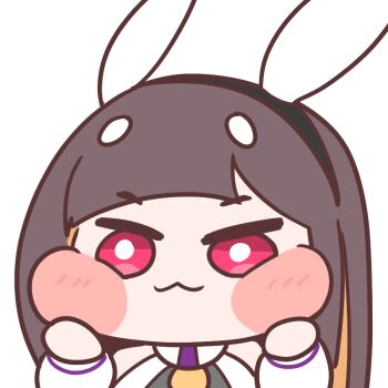 Rule 34 | 1girl, :3, animal ears, blush stickers, brown hair, rabbit ears, cheek squash, chibi, diyap (style), dress, elflorri, last origin, long hair, looking at viewer, magical baekto, red eyes, simple background, white dress