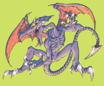 Rule 34 | 1boy, absurdres, audacity2exist, claws, colored skin, commentary, dragon, dragon wings, english commentary, fangs, glowing, glowing eyes, green background, highres, horns, metroid, nintendo, purple skin, ridley, simple background, tail, wings, yellow eyes