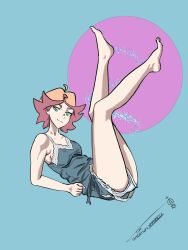 Rule 34 | 1girl, amanda o&#039;neill, ass, barefoot, green eyes, highres, ironsiderodger, legs, little witch academia, looking at viewer, multicolored hair, orange hair, red hair, short hair, signature, smile, solo, two-tone hair