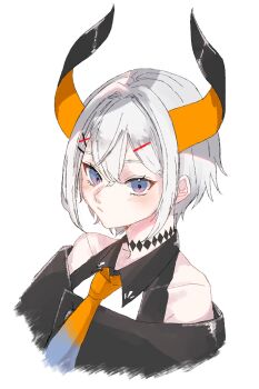 1girl bare_shoulders black_coat black_horns blue_eyes blue_necktie blush closed_mouth coat commentary cropped_shoulders gradient_necktie hair_ornament hairclip hashtag-only_commentary highres horns levi_elipha levi_elipha_(1st_costume) looking_at_viewer multicolored_horns necktie nijisanji orange_horns orange_necktie roku_(ntbr_fate) solo two-tone_horns virtual_youtuber white_background white_hair