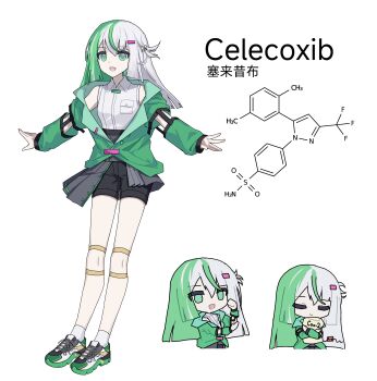 Rule 34 | 1girl, :d, absurdres, ankle socks, arm cutout, arm up, black shorts, blunt ends, blunt sidelocks, breast pocket, celecoxib (phonetik), chemical structure, chibi, chibi inset, chinese text, choppy bangs, clenched hand, clothing cutout, commentary, cross-laced shoes, english commentary, english text, full body, green eyes, green hair, green jacket, green shoes, green trim, grey skirt, hair ornament, hand on own elbow, highres, holding, hugging object, jacket, lapels, long hair, long sleeves, looking at viewer, multicolored hair, multiple views, notched lapels, open hands, open mouth, original, outstretched arms, overskirt, partially unbuttoned, personification, phonetik, pocket, shirt, shoes, short side ponytail, shorts, sidelocks, simple background, skirt, sleeveless, sleeveless shirt, smile, socks, solo focus, split-color hair, spread arms, standing, straight hair, thigh strap, two-tone hair, white background, white hair, white shirt, white socks, wing collar