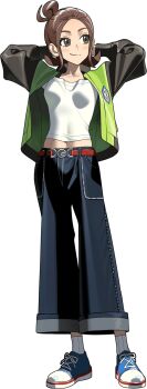 Rule 34 | 1girl, 987645321o, arms behind head, bell-bottoms, belt, blue shoes, blush, breasts, brown eyes, brown hair, closed mouth, collarbone, green jacket, hair bun, harmony (pokemon), hashtag-only commentary, highres, jacket, long sleeves, midriff peek, navel, nintendo, open clothes, open jacket, pants, pokemon, pokemon legends: z-a, red belt, ribbed socks, shirt, shoes, short hair, smile, socks, white shirt, white socks