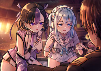 1boy 2girls absurdres bent_over black_hair blue_eyes blue_hair brown_hair commander_(nikke) dress goddess_of_victory:_nikke headphones highres jimpu6 mole mole_under_eye multicolored_hair multiple_girls necktie pointing pointing_at_self pulling purple_eyes purple_hair shifty_(nikke) skirt sleeveless sleeveless_dress straddling syuen_(nikke) thigh_straddling