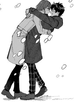 2boys akechi_gorou amamiya_ren arms_around_neck belt blush coat commentary_request eye_contact full_body glasses highres hood hood_down hooded_coat long_sleeves looking_at_another male_focus motunikomi multiple_boys open_mouth pants persona persona_5 plaid_clothes plaid_pants shoes short_hair smile snowing standing white_background yaoi