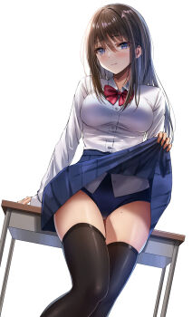 1girl black_thighhighs blue_buruma blue_eyes blue_skirt bow bowtie breasts brown_hair buruma buruma_under_skirt closed_mouth clothes_lift collared_shirt commentary_request desk highres lifting_own_clothes long_hair long_sleeves looking_at_viewer medium_breasts mole mole_on_thigh on_desk original pleated_skirt red_bow red_bowtie school_desk school_uniform shirt shirt_lift simple_background sitting skirt sleeves_past_wrists smile solo thighhighs thighs white_background white_shirt yukemuriganmo