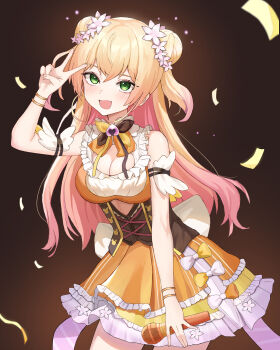 Rule 34 | 1girl, absurdres, arm garter, bell, black bow, black bowtie, blonde hair, bow, bowtie, bracelet, breasts, cleavage, cleavage cutout, clothing cutout, commentary request, confetti, corset, cowboy shot, cutout above navel, detached sleeves, double bun, fang, flower, frilled shirt, frilled skirt, frills, gradient hair, green eyes, hair bun, hair flower, hair ornament, highres, holding, holding microphone, hololive, jewelry, jingle bell, large breasts, layered skirt, long hair, microphone, momosuzu nene, momosuzu nene (1st costume), multicolored bow, multicolored bowtie, multicolored hair, neck bell, orange bow, orange bowtie, orange shirt, orange skirt, pink hair, shirt, side up bun, skirt, sleeveless, sleeveless shirt, solo, suis (suis022511), two side up, underbust, v, virtual youtuber, white bow, white bowtie, yellow bow, yellow bowtie, yellow skirt
