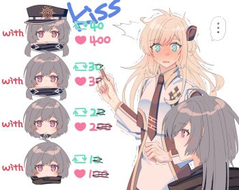 2girls black_necktie blonde_hair blush breasts brown_necktie collared_dress commentary_request dress duel_monster ear_blush emptyayya grey_hair head_steam highres long_hair long_sleeves multiple_girls necktie red_eyes simple_background sky_striker_ace_-_raye sky_striker_ace_-_roze sweat twintails two-tone_dress white_background yu-gi-oh! yuri