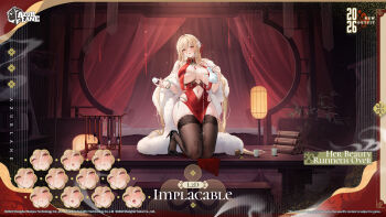 1girl azur_lane blonde_hair blush breasts clothing_cutout commentary deep_skin english_commentary english_text expression_chart full_body hair_between_eyes high_heels highres huge_breasts implacable_(azur_lane) implacable_(her_beauty_runneth_over)_(azur_lane) kneeling lace lace_thighhighs long_hair looking_at_viewer multiple_expressions navel navel_cutout official_alternate_costume official_art red_eyes shoes skindentation solo thick_thighs thighhighs thighs very_long_hair