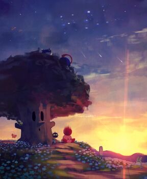 &gt;_&lt; apple artist_name blush blush_stickers bug butterfly closed_eyes closed_mouth cloud field flapper_(kirby) flower flower_field food fruit gooey_(kirby) gordo gradient_sky grass highres hill insect kirby kirby_(series) magolor motion_blur needlous nintendo no_humans outdoors path polof rabbit road scenery shooting_star sitting sky star_(sky) sun sunset suyasuyabi tree twilight twitter_username whispy_woods