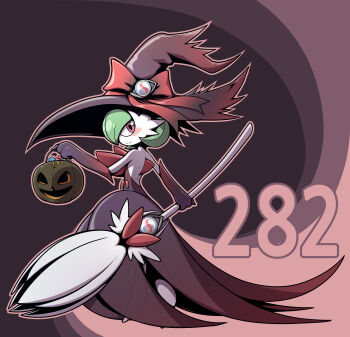 1girl adapted_costume back backless_dress backless_outfit bare_shoulders black_dress black_gloves black_hat blush blush_stickers bob_cut bow broom bucket candy closed_mouth clothed_pokemon colored_skin cz_(anstjrwn2758) dress elbow_gloves female_focus food gardevoir gen_3_pokemon gloves green_hair hair_over_one_eye halloween halloween_bucket hand_up hat hat_bow holding holding_broom holding_bucket long_dress looking_at_viewer looking_back mega_gardevoir mega_pokemon mega_stone nintendo no_feet one_eye_covered outline pink_outline pokedex_number pokemon pokemon_(creature) red_bow red_eyes short_hair smile solo split_mouth strapless strapless_dress white_skin witch witch_hat