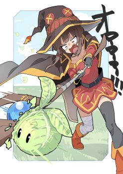 1girl absurdres asymmetrical_legwear bandaged_leg bandages belt boots brown_hair cabbage cape fingerless_gloves gloves hanten_(hantennano) hat highres hitting holding holding_staff kono_subarashii_sekai_ni_shukufuku_wo! long_hair mage_staff megumin mismatched_legwear open_mouth red_eyes solo staff thighhighs witch_hat zettai_ryouiki
