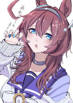 Rule 34 | 1girl, ahoge, alternate hairstyle, animal ears, blue eyes, blush, bow, bowtie, breasts, brown hair, cardigan, choker, claw pose, collarbone, commentary request, grey choker, grey hairband, hair between eyes, hair ornament, hairband, highres, horse ears, horse girl, large breasts, long hair, long sleeves, looking at viewer, mihono bourbon (umamusume), multicolored nails, open mouth, purple sailor collar, purple serafuku, purple shirt, sailor collar, sailor shirt, school uniform, serafuku, shirt, silver hairband, solo, tracen school uniform, umamusume, upper body, white bow, white bowtie, white cardigan, wolf cut, yokoyu
