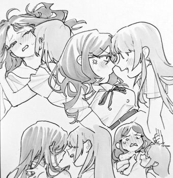 2girls angry bang_dream! bang_dream!_it's_mygo!!!!! bite_mark bite_mark_on_shoulder blush chihaya_anon commentary ear_blush english_commentary eye_contact fang greyscale hand_on_another's_neck hitting kiss kissing_neck looking_at_another monochrome multiple_girls nagasaki_soyo neck_blush neck_ribbon off_shoulder one_eye_closed open_mouth ribbon samipeko school_uniform smile sweat tsukinomori_school_uniform yuri