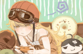 1girl :/ araragi_koyomi blonde_hair blush closed_mouth controller donut food game_controller goggles goggles_on_headwear helmet highres holding holding_controller holding_game_controller long_hair looking_at_viewer monogatari_(series) orange_eyes oshino_shinobu red_helmet solipsist strap_slip