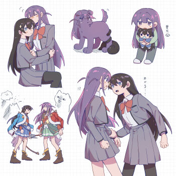 !? 2girls absurdly_long_hair aged_down aiguillette animalization arms_at_sides ascot baby belt belt_buckle black_hair black_pantyhose black_socks blue_eyes blue_jacket blue_skirt blunt_bangs blush blush_stickers boots bow bowtie breast_pocket brown_boots buckle caliculus_bright_(dagger) carrying carrying_baby carrying_person cat center-flap_bangs chibi chinese_commentary chinese_text clenched_hand clenched_hands closed_mouth collared_jacket collared_shirt commentary_request covered_mouth dagger dog doodle_inset dot_nose double-parted_bangs epaulettes floating_hair fur-trimmed_jacket fur_trim green_jacket green_shirt green_skirt grey_jacket grey_pants grey_skirt grid_background hair_between_eyes hand_on_another&#039;s_arm heads_together highres holding holding_another&#039;s_wrist holding_dagger holding_knife holding_mace holding_weapon invisible_chair jacket jacket_on_shoulders kagura_hikari knife leaning_forward long_hair long_sleeves love_judgement_(mace) mace miniskirt motion_lines multicolored_jacket multiple_girls multiple_views no_nose nose_blush open_clothes open_jacket open_mouth pacifier pants pantyhose partially_translated pleated_skirt pocket purple_eyes purple_hair red_bow red_bowtie red_jacket red_sash rei931218 rope sash school_uniform seishou_music_academy_uniform shaded_face shadow shirt shirt_tucked_in shoujo_kageki_revue_starlight shoulder_sash single_horizontal_stripe sitting skirt slippers socks sparkle_hair_ornament standing stuffed_animal stuffed_toy sweat sweatdrop tail tail_around_another&#039;s_leg tail_wrap tassel teddy_bear translation_request tsuyuzaki_mahiru two-sided_fabric two-sided_jacket two_side_up very_long_hair waist_cape weapon white_ascot white_background white_shirt white_slippers yellow_belt yellow_jacket yellow_trim yuri