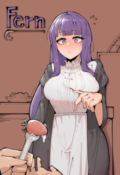 1other 2girls absurdres azz0422 black_robe blunt_bangs blush breasts brown_background character_name closed_mouth commentary cream dress fern_(sousou_no_frieren) flying_sweatdrops food fork frieren fruit highres holding holding_fork large_breasts long_hair multiple_girls open_clothes open_robe purple_eyes purple_hair robe sexually_suggestive solo_focus sousou_no_frieren strawberry suggestive_fluid white_dress