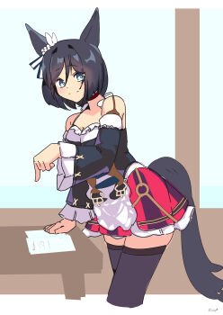 1girl absurdres animal_ears bare_shoulders black_hair black_thighhighs blue_eyes bob_cut breasts choker detached_sleeves dirndl ear_scrunchie eishin_flash_(meisterschaft)_(umamusume) eishin_flash_(umamusume) frills german_clothes hair_between_eyes highres hinokey_(hinokey0126) horse_ears horse_girl horse_tail long_sleeves looking_at_viewer medium_breasts paper pointing pointing_down red_choker red_skirt scrunchie short_hair skirt solo striped_clothes striped_skirt swept_bangs tail thighhighs umamusume vertical-striped_clothes vertical-striped_skirt white_scrunchie