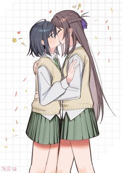 2girls black_hair blue_eyes blush braid brown_hair closed_eyes collared_shirt grid_background haidao_mao hair_ribbon half_up_braid highres hug kiss medium_hair miyagi_shiori multiple_girls ribbon sendai_hazuki shirt shuuniichido_classmate_wo_kau_hanashi skirt sweater_vest white_shirt yuri