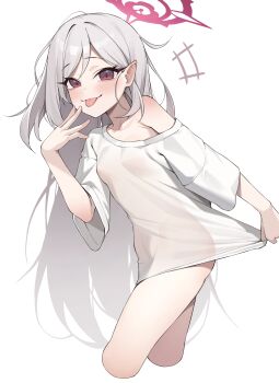 1girl :p absurdres blue_archive blush breasts closed_mouth collarbone covered_erect_nipples dot_nose hair_behind_ear hair_down halo hand_up highres loli long_hair looking_at_viewer mutsuki_(blue_archive) naked_shirt pointy_ears pulling_own_clothes purple_eyes red_halo see-through_clothes see-through_shirt shirt short_sleeves simple_background small_breasts solo standing thighs tongue tongue_out um_111 very_long_hair white_background white_shirt