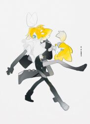 Rule 34 | 052 (saniiiwan), 1boy, 1girl, absurdres, alternate costume, asymmetrical footwear, behind another, black bodysuit, blonde hair, blue eyes, bodysuit, boots, colored skin, covered mouth, detached hair, floating hair, grey background, grey skin, hair over one eye, hair ribbon, high heel boots, high heels, highres, jacket, kagamine len, kagamine rin, knee boots, looking at viewer, mismatched footwear, one eye covered, open mouth, ribbon, shoes, short hair, short ponytail, short sleeves, simple background, single knee boot, single leg bodysuit, turtleneck, turtleneck bodysuit, vocaloid, white jacket