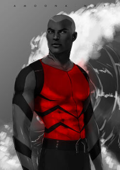 1boy abs amoona aqua_lad aqualad artist_name belt black_sclera bodysuit colored_sclera dark_skin dark-skinned_male dc_comics gills kaldur'ahm male_focus muscular ocean red_shirt shirt sleeveless solo spot_color tattoo upper_body water waving white_eyes young_justice young_justice:_invasion