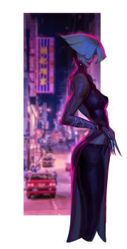 Rule 34 | 1girl, a.k.i. (street fighter), a tai, absurdres, bare shoulders, black dress, black pants, blunt ends, blurry, blurry background, border, breasts, car, china dress, chinese clothes, city, claws, cowboy shot, cropped legs, dress, earrings, hair over one eye, highres, jewelry, medium breasts, motor vehicle, muscular, muscular female, pants, parted bangs, pelvic curtain, red lips, red trim, short hair, solo, street fighter, street fighter 6, white border, white hair