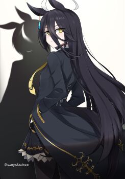 Rule 34 | 1girl, ahoge, animal ears, black coat, black hair, black pantyhose, black skirt, breasts, closed mouth, coat, commentary, ear tag, earrings, from behind, hair between eyes, hands in pockets, highres, horse ears, horse girl, horse tail, ibuki grunt, jewelry, long bangs, long hair, long hair between eyes, long sleeves, looking at viewer, looking back, manhattan cafe (creeping shadow) (umamusume), manhattan cafe (umamusume), multicolored hair, necktie, pantyhose, shadow, shirt, single earring, skirt, solo, symbol-only commentary, tail, umamusume, very long hair, white hair, yellow eyes, yellow necktie