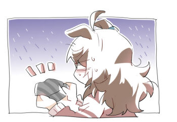 1girl ahoge animal_ears beanie beer_hsk blank_eyes brown_hair commentary_request ears_down grey_hat hat holding holding_unworn_clothes holding_unworn_hat horse_ears jacket long_hair nakayama_festa_(umamusume) notice_lines profile rain red_jacket solo striped_clothes striped_headwear track_jacket umamusume unworn_hat unworn_headwear vertical-striped_clothes vertical-striped_headwear