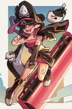 +_+ 1girl 2boys a_very_happy_potato bandaged_leg bandages bandaid bare_shoulders black_hair boots breasts callie_(splatoon) cat elbow_gloves eyepatch fingerless_gloves gloves hat inkling jacket jacket_on_shoulders judd_(splatoon) li'l_judd_(splatoon) medium_breasts miniskirt multiple_boys nintendo pirate pirate_hat pointy_ears sharp_teeth skirt skull_print sleeveless splatoon_(series) teeth tentacle_hair twintails white_hair yellow_eyes