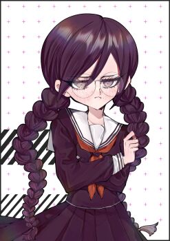 Rule 34 | 1girl, blush, braid, closed mouth, collared shirt, commentary request, crossed arms, danganronpa: trigger happy havoc, danganronpa (series), eyelashes, frown, fukawa toko, glasses, hair between eyes, hashtag-only commentary, highres, long sleeves, mole, mole under mouth, neckerchief, purple eyes, purple hair, purple serafuku, purple shirt, purple skirt, red neckerchief, rokusho (sherry momo), round eyewear, sailor collar, school uniform, serafuku, shirt, skirt, skirt set, solo, twin braids, twintails, white sailor collar